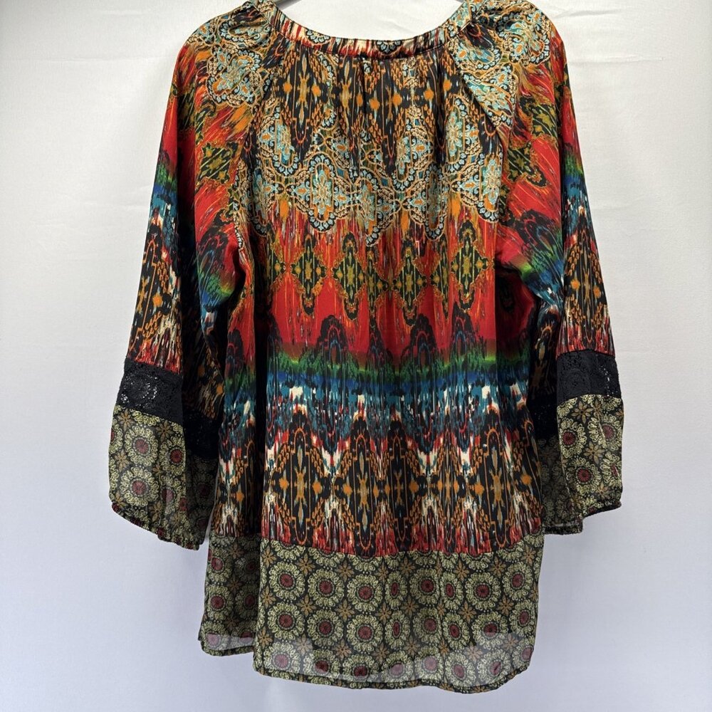 Fig & Flower Women's Top XL Colorful Artsy Bohemian Sheer Tassels Raglan Sleeves - Picture 2 of 9